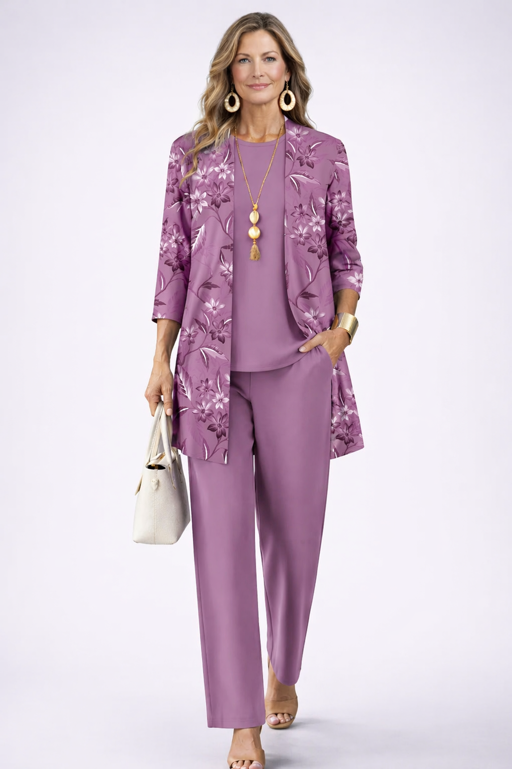 Margot orchid purple floral open-front cardigan, round-neck top and wide-leg trousers three-piece set