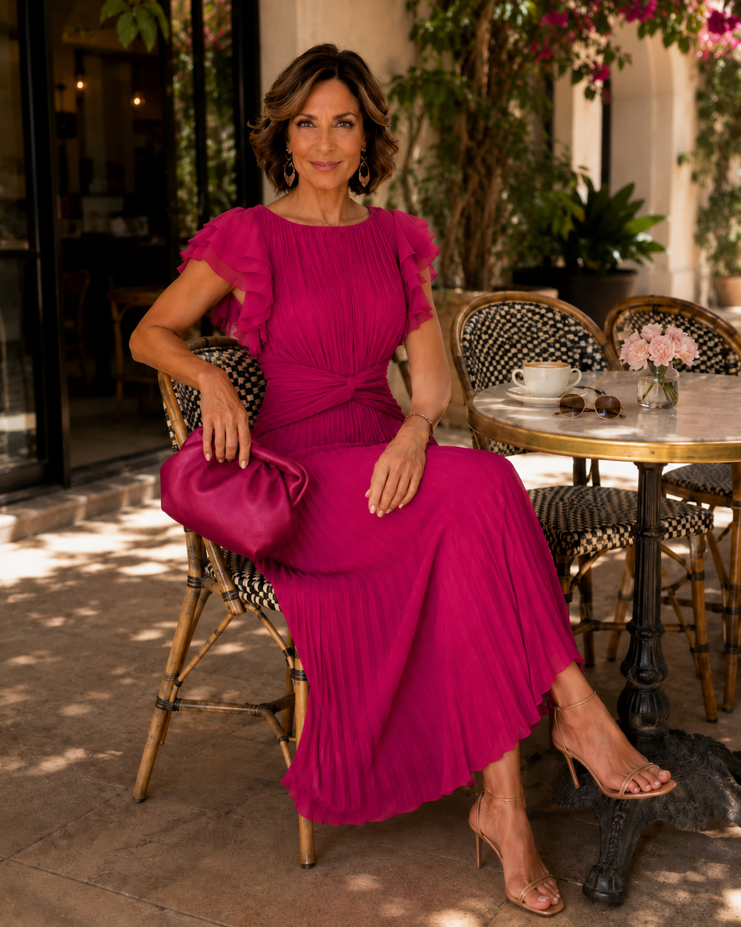Neila fuchsia pink pleated maxi dress worn at an outdoor cafe