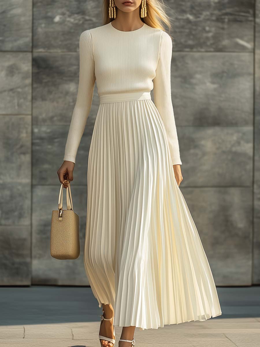 Charlotte cream ribbed knit top and pleated skirt set, walking