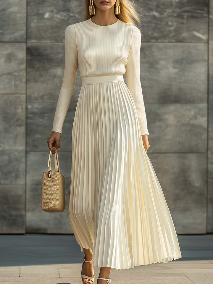 Charlotte cream ribbed knit top and pleated skirt set, walking