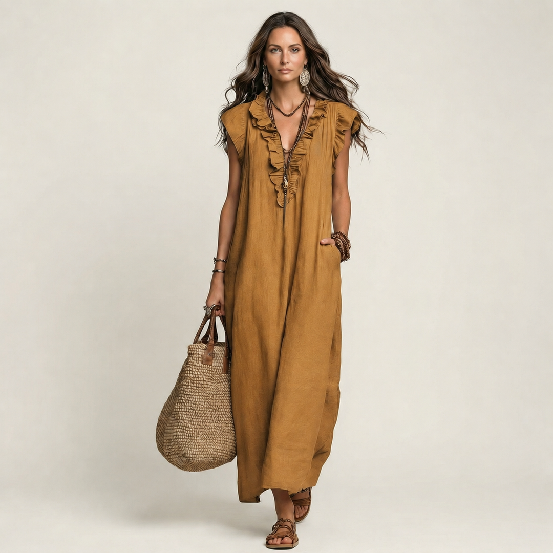 Josette | Ruffle V-Neck Linen Maxi Dress