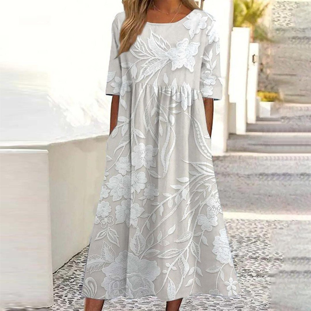 Delilah silver-grey floral short-sleeve midi dress with round neck, front view