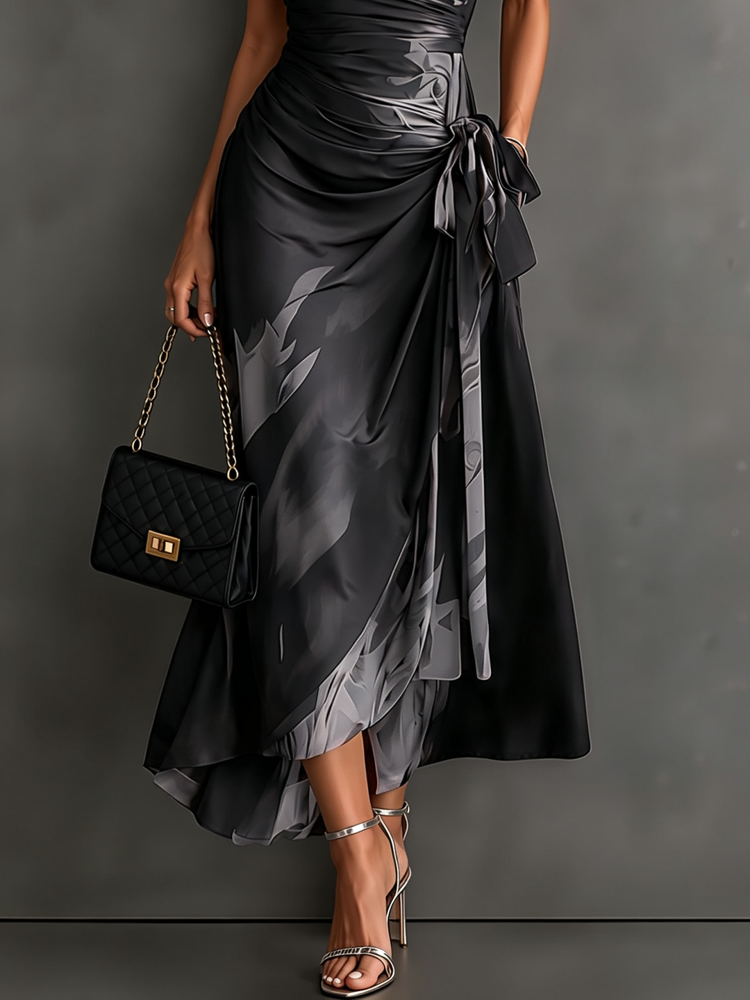 Saffron abstract print wrap maxi dress in grey and black, detail