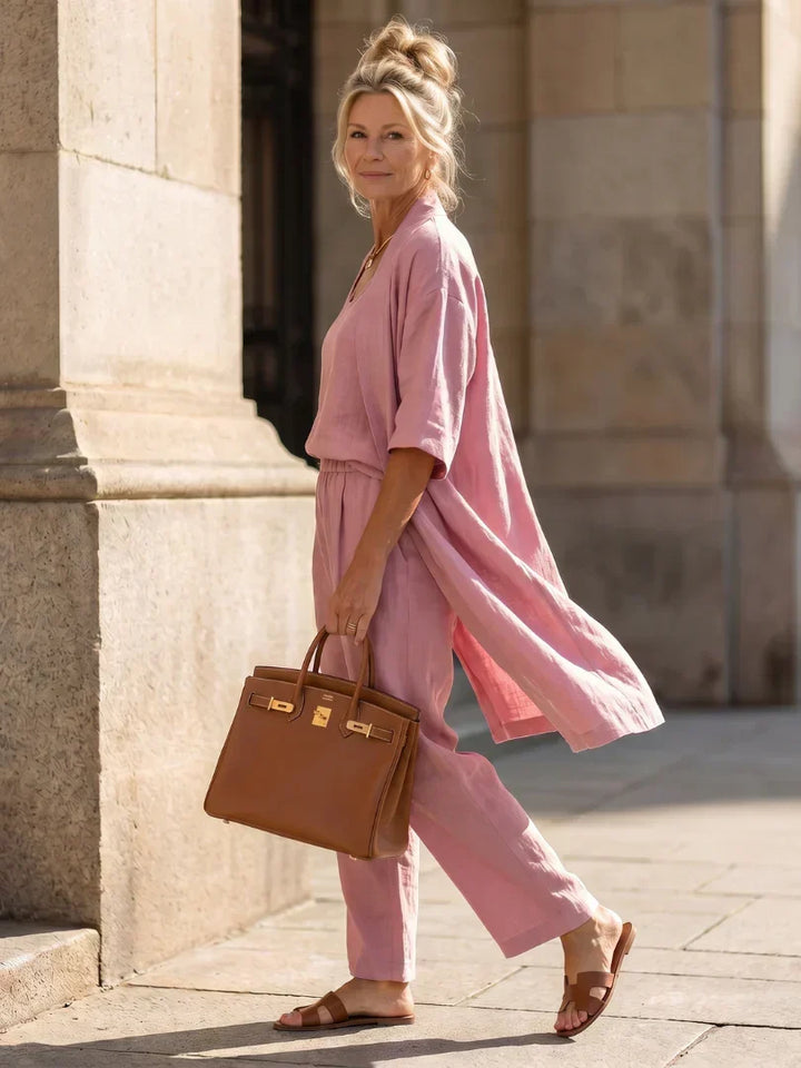 Lorrin three-piece cardigan and wide-leg pant set in pink