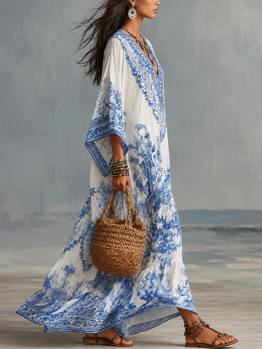 Thalia kaftan maxi dress side view showing the wide sleeves and flowing skirt