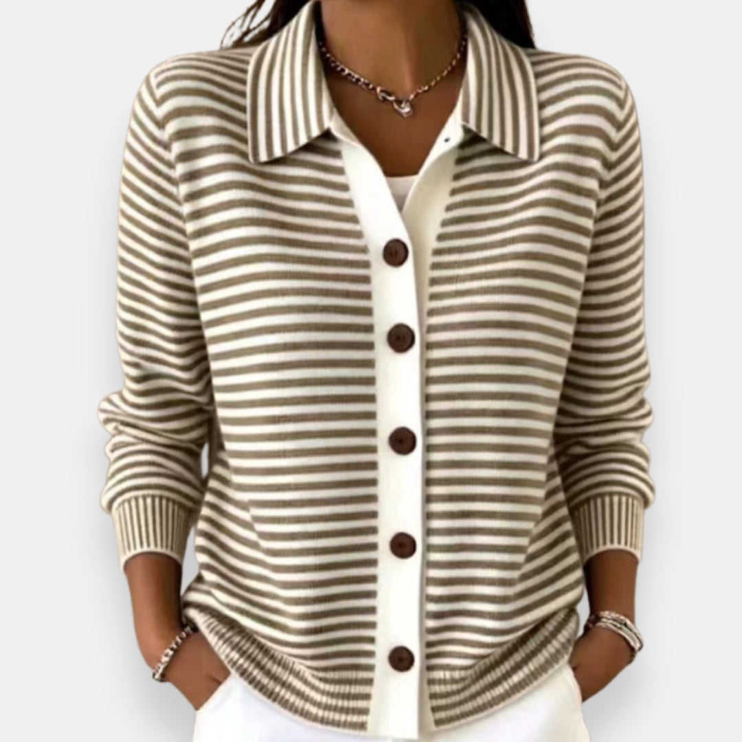 Nola striped button cardigan in brown and cream, with collar and ribbed cuffs