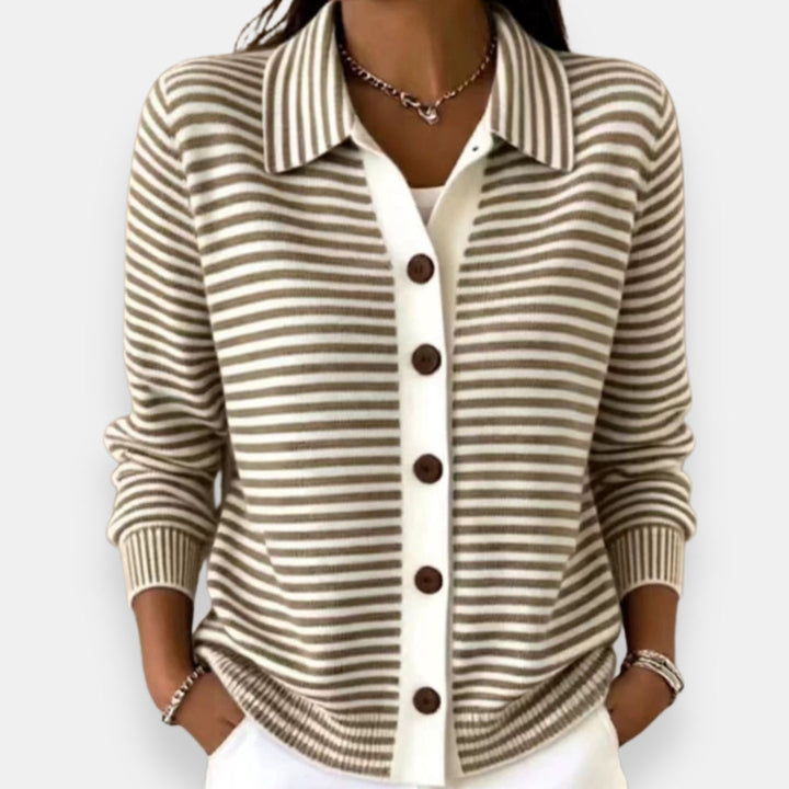 Nola striped button cardigan in brown and cream, with collar and ribbed cuffs