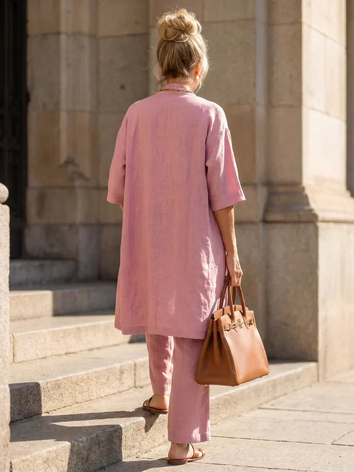 Lorrin three-piece cardigan and wide-leg pant set in pink