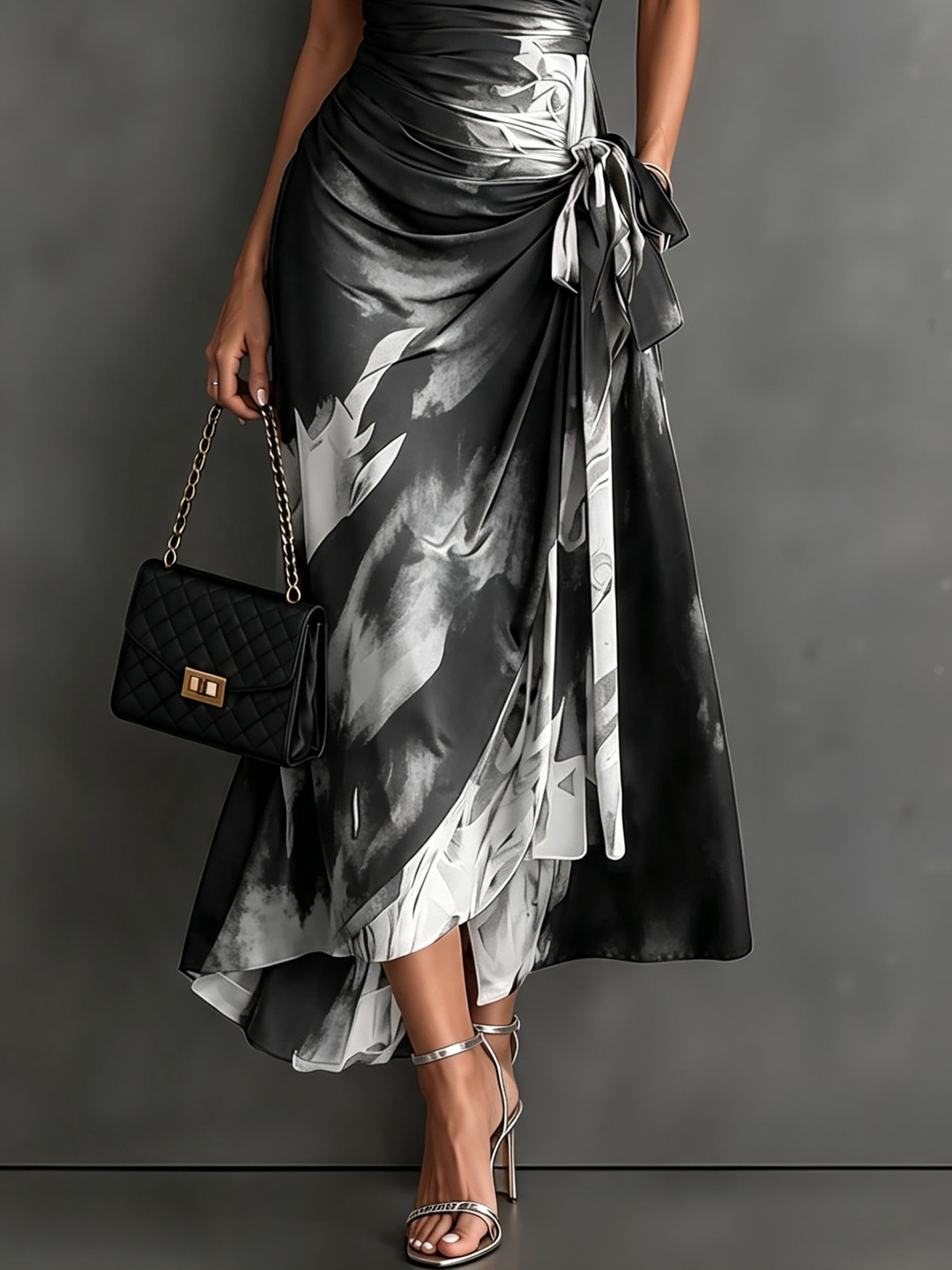 Saffron abstract print wrap maxi dress in white and black, detail