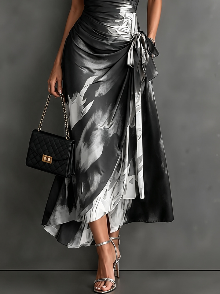 Saffron abstract print wrap maxi dress in white and black, detail