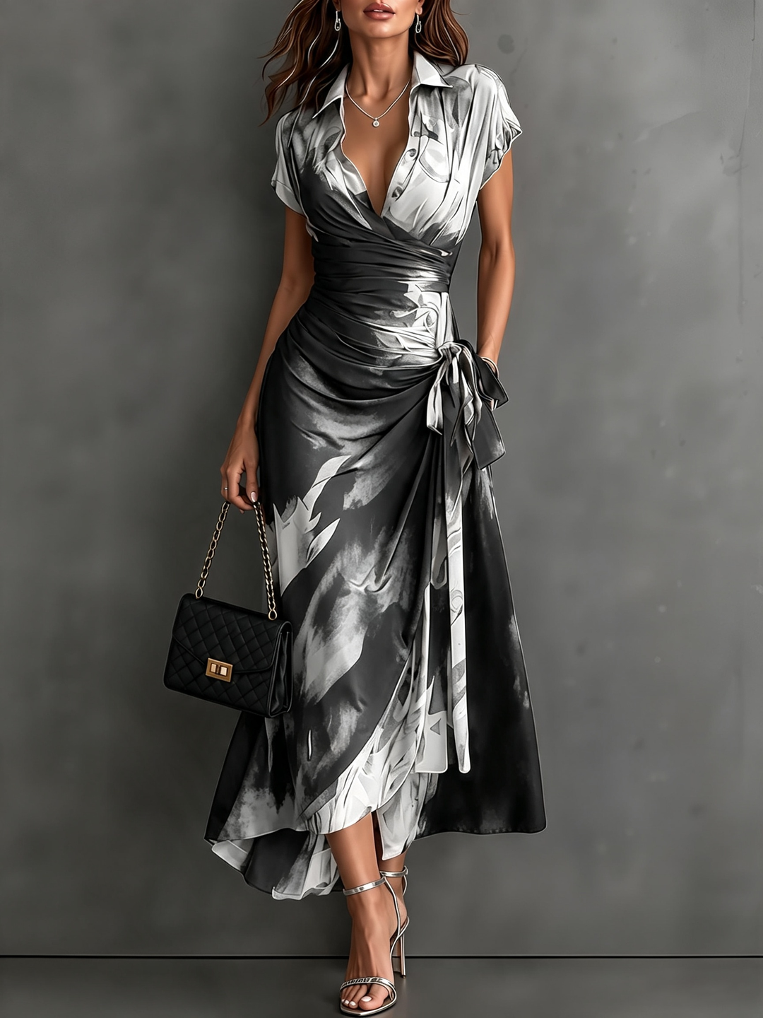 Saffron abstract print collared wrap maxi dress in white and black, with tie waist and ruffled high-low hem