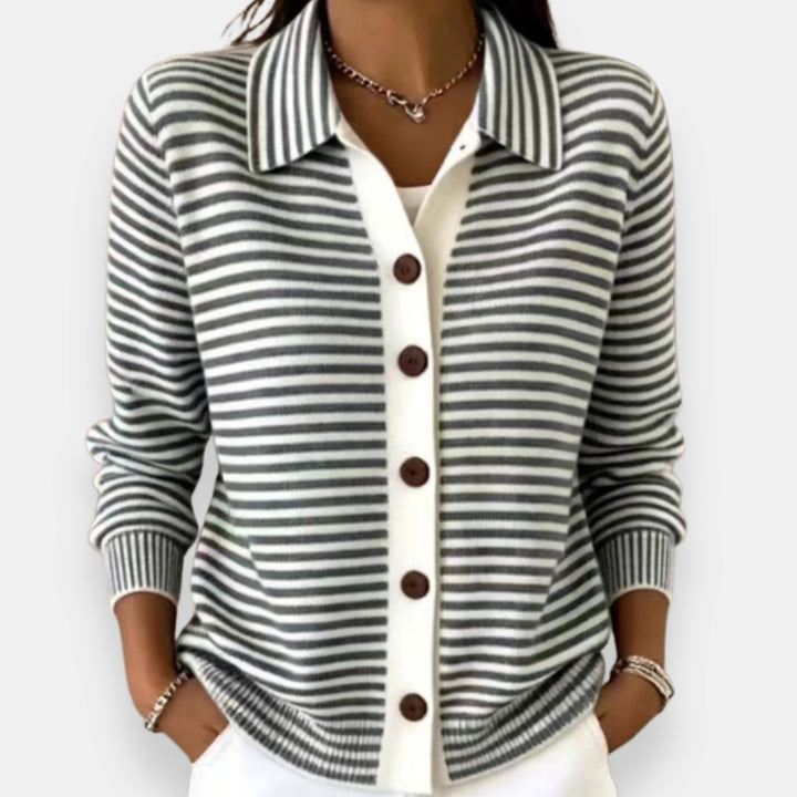 Nola striped button cardigan in black and cream
