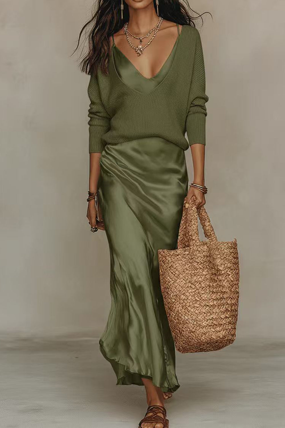 Jessa olive green V-neck knit sweater and satin maxi dress set, worn with a woven tote bag