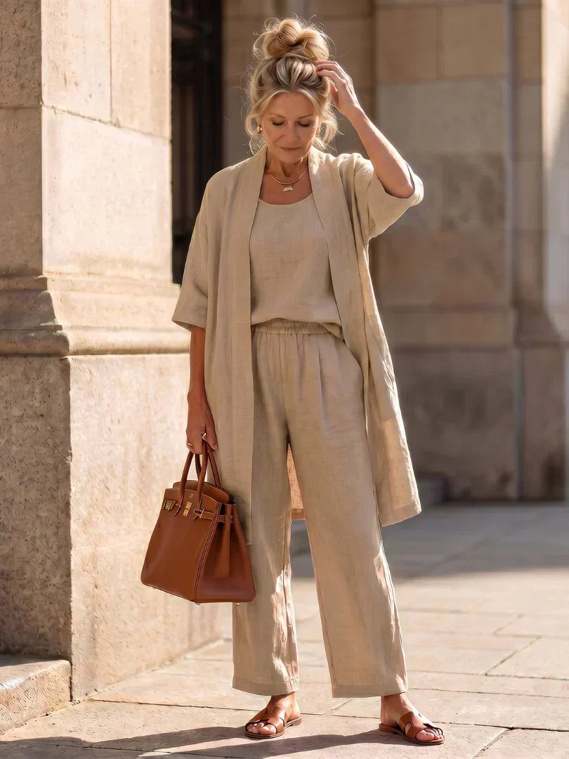 Lorrin three-piece set in khaki with long open cardigan, scoop-neck tank and wide-leg pants