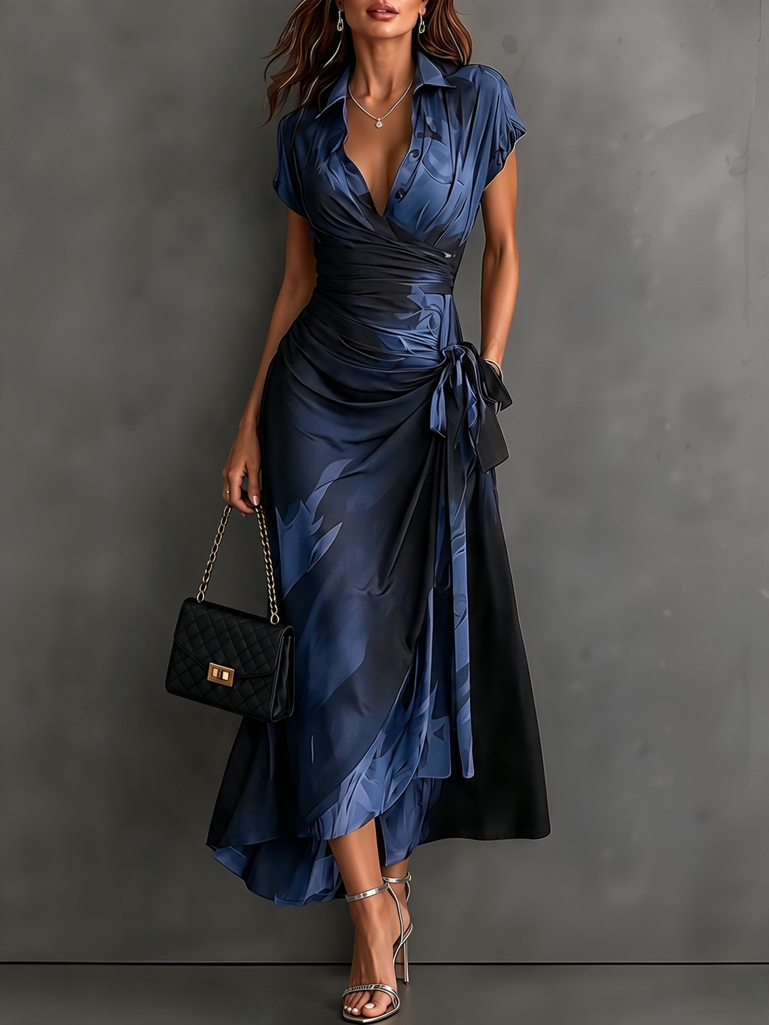 Saffron abstract print collared wrap maxi dress in blue and black, with tie waist and ruffled high-low hem