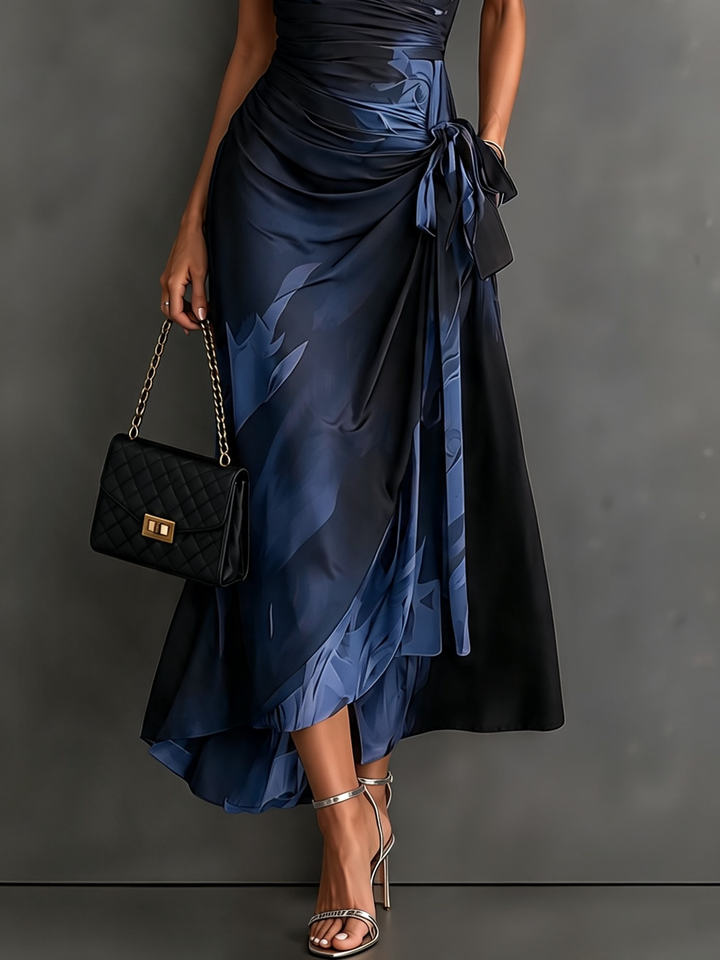 Saffron abstract print wrap maxi dress in blue and black, detail