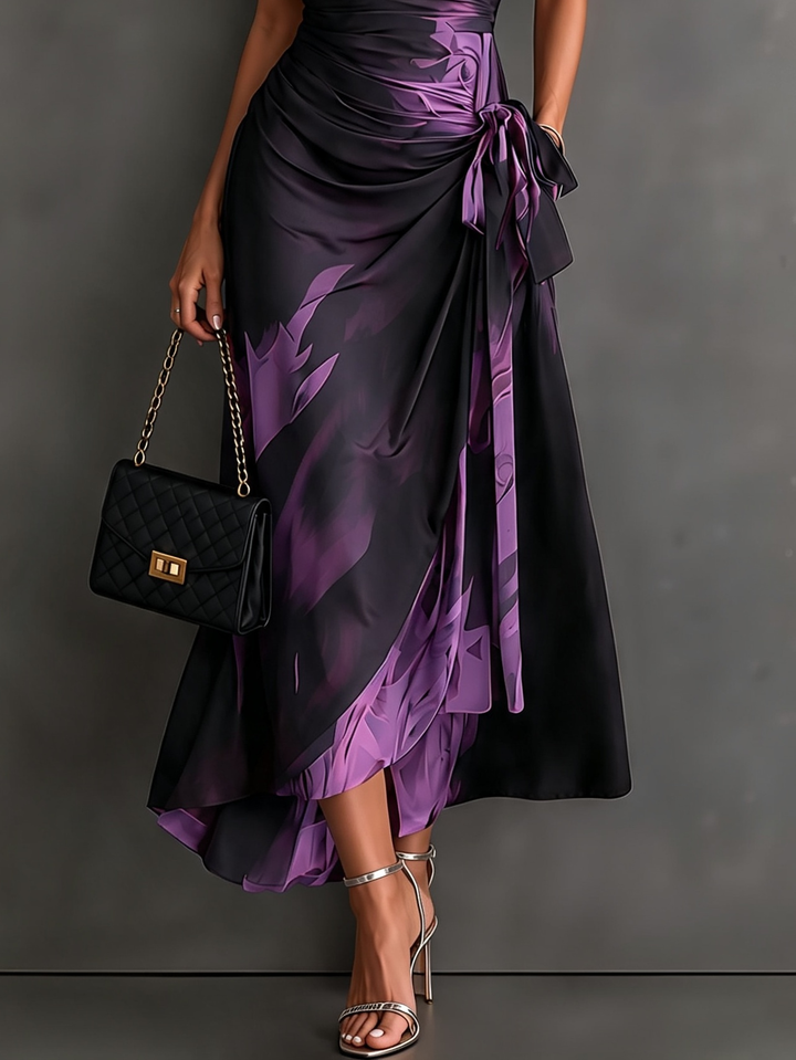 Saffron abstract print wrap maxi dress in purple and black, detail