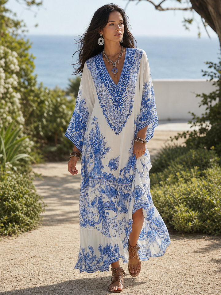Thalia blue porcelain print kaftan maxi dress showing the patterned hem