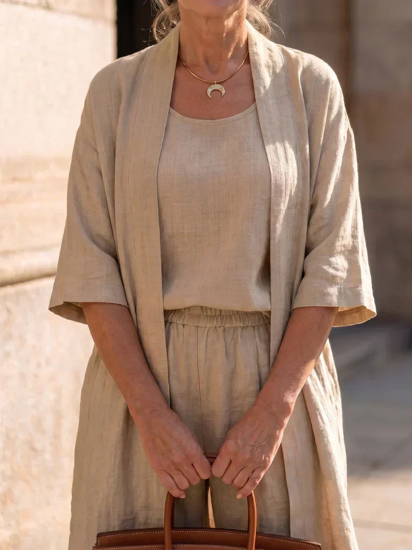 Lorrin three-piece cardigan and wide-leg pant set in khaki
