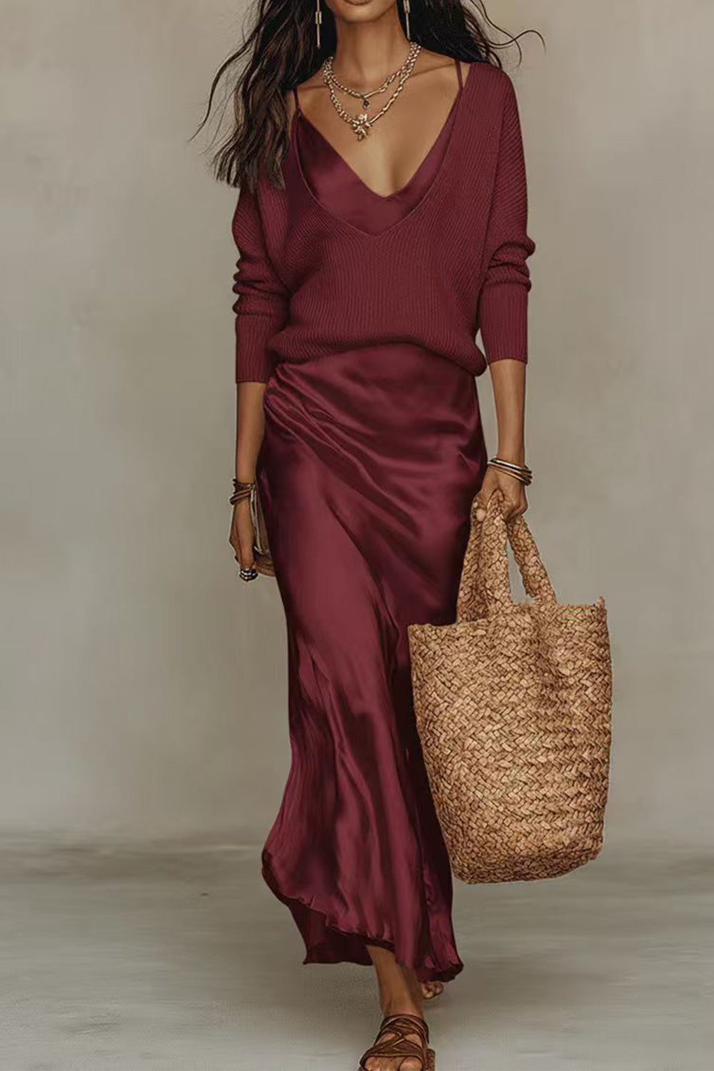Jessa burgundy V-neck knit sweater and satin maxi dress set, worn with a woven tote bag