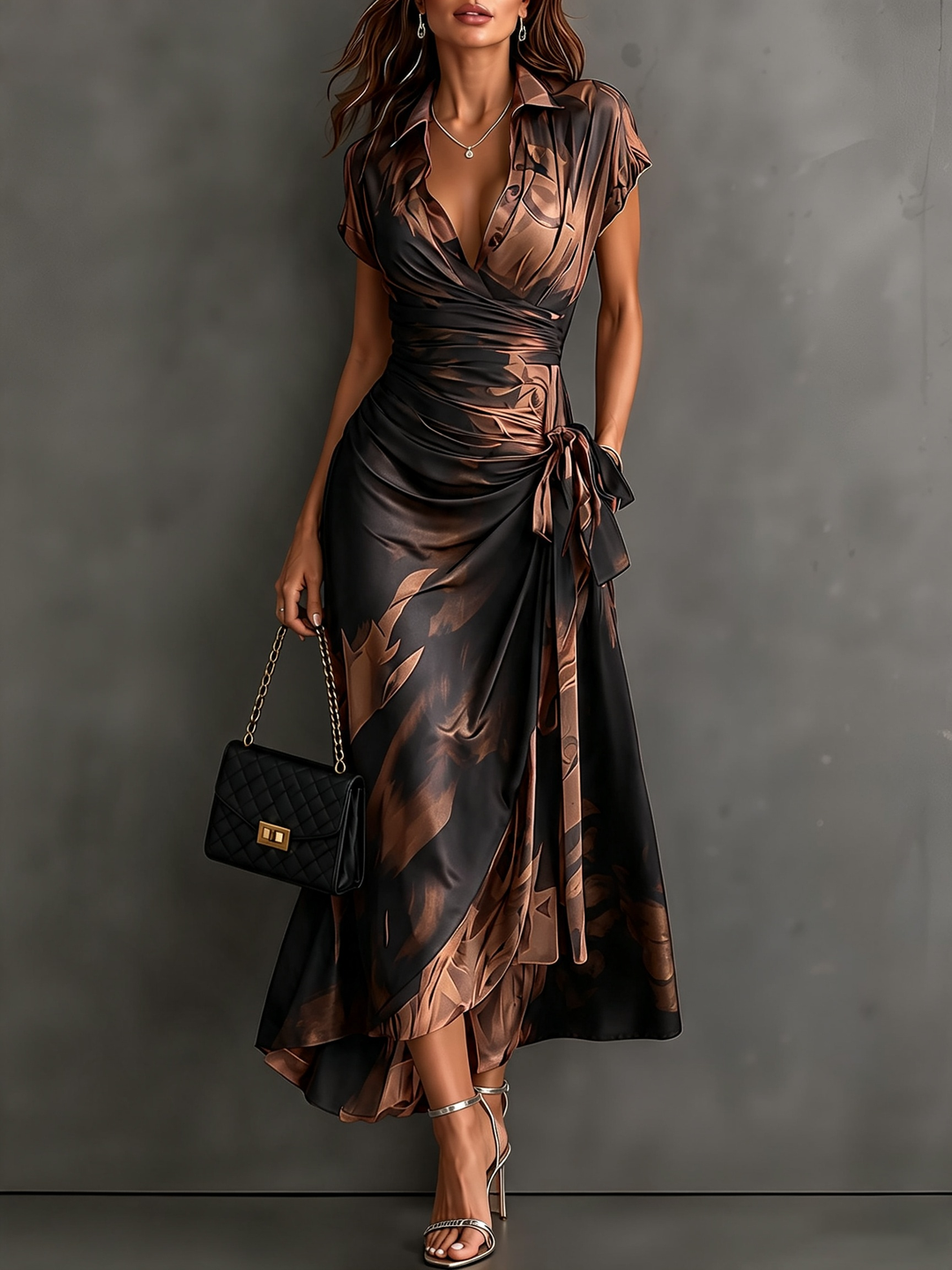Saffron abstract print collared wrap maxi dress in bronze and black, with tie waist and ruffled high-low hem