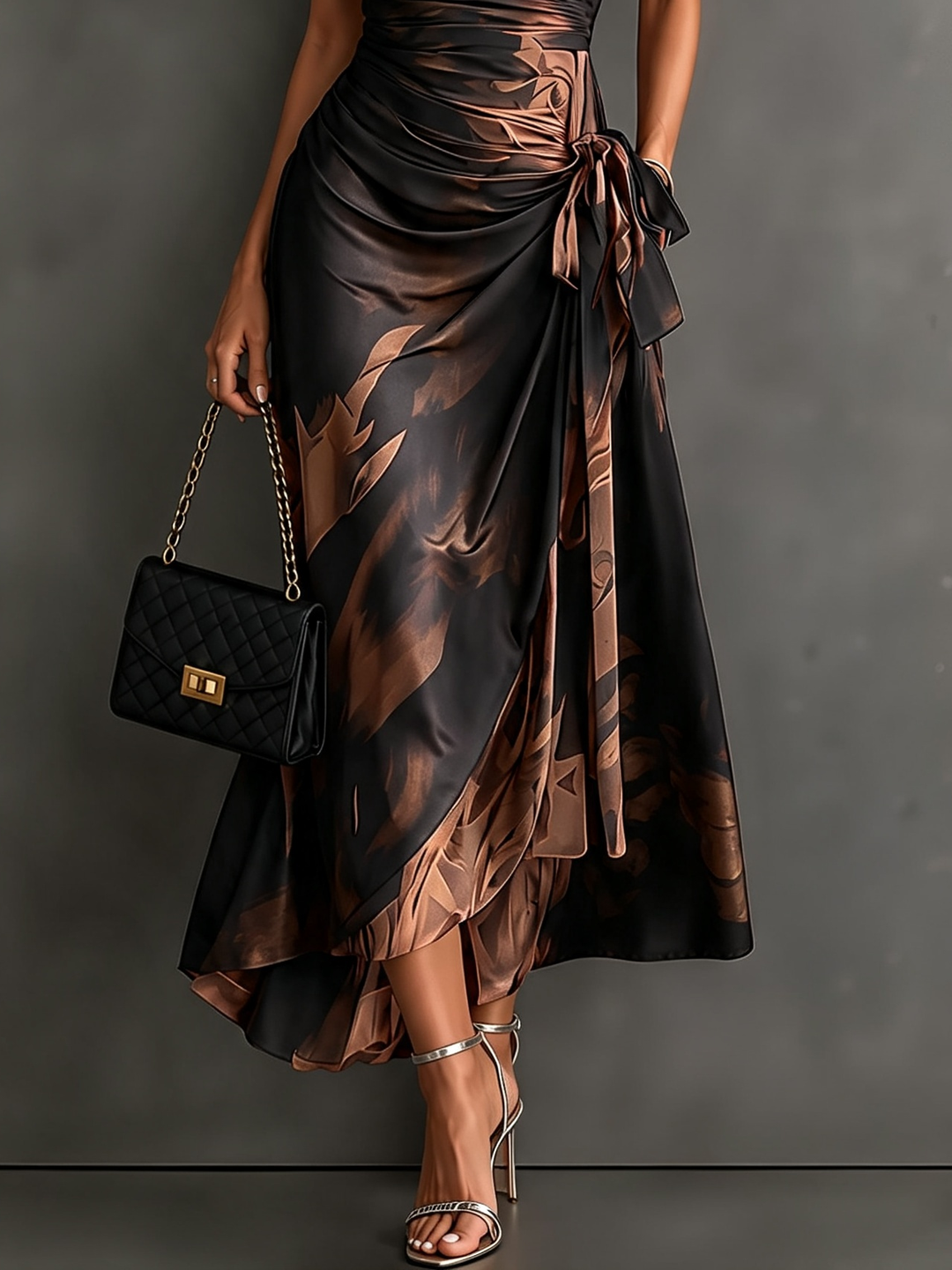 Saffron abstract print wrap maxi dress in bronze and black, detail