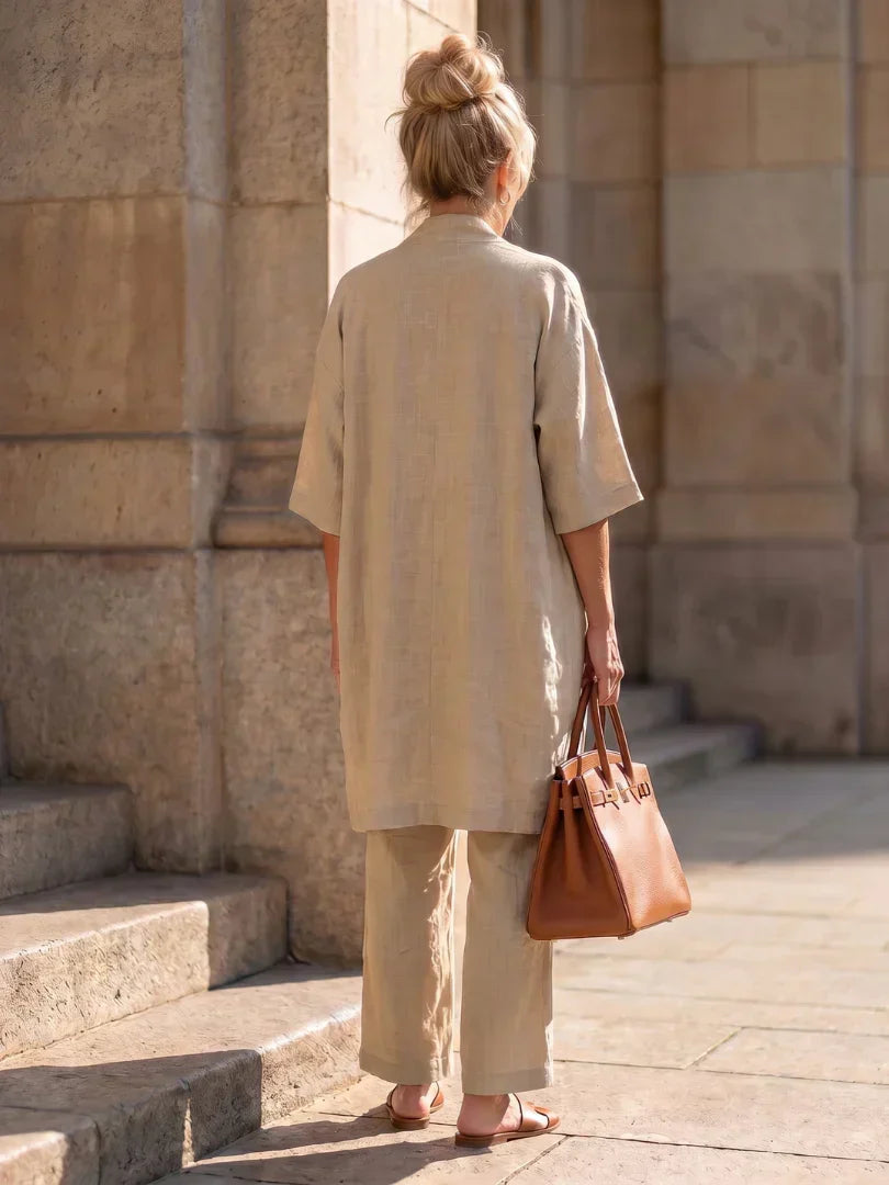 Lorrin three-piece cardigan and wide-leg pant set in khaki