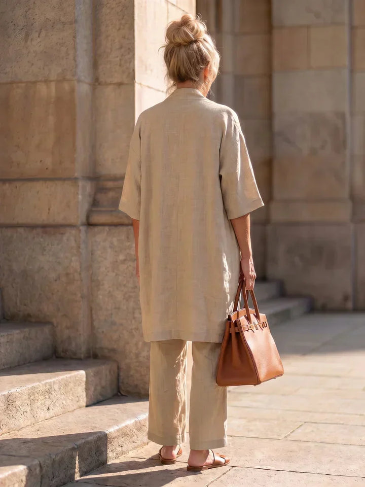 Lorrin three-piece cardigan and wide-leg pant set in khaki