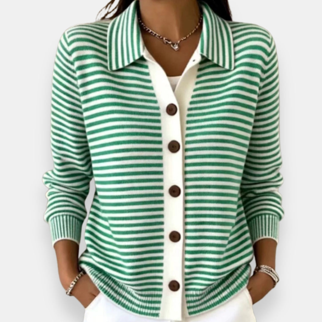 Nola striped button cardigan in green and cream