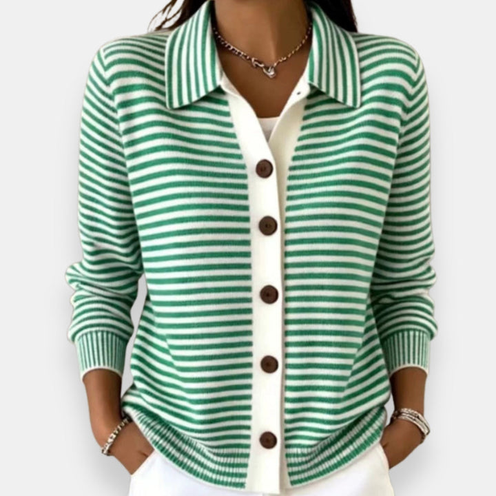 Nola striped button cardigan in green and cream