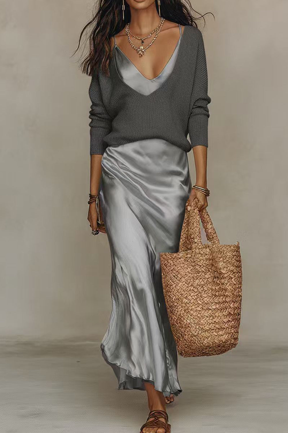 Jessa grey and silver V-neck knit sweater and satin maxi dress set, worn with a woven tote bag