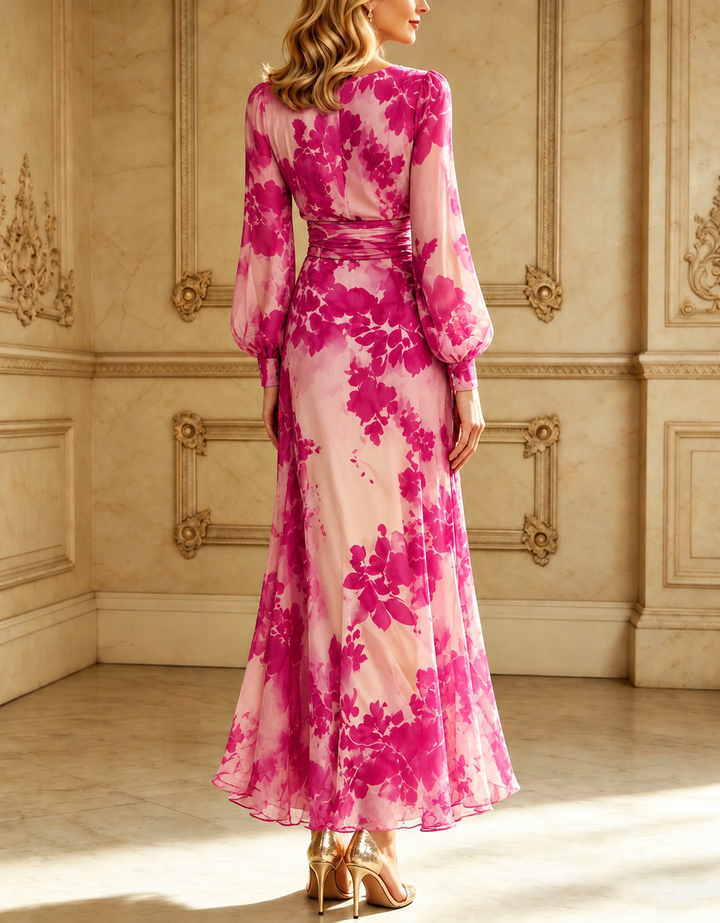 Rosabel rose red floral chiffon maxi dress, back view