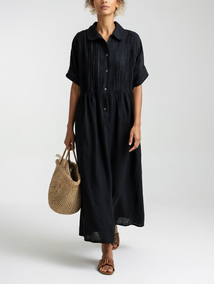 Lysandra relaxed cotton maxi shirt dress in black with collar, button front and short cuffed sleeves