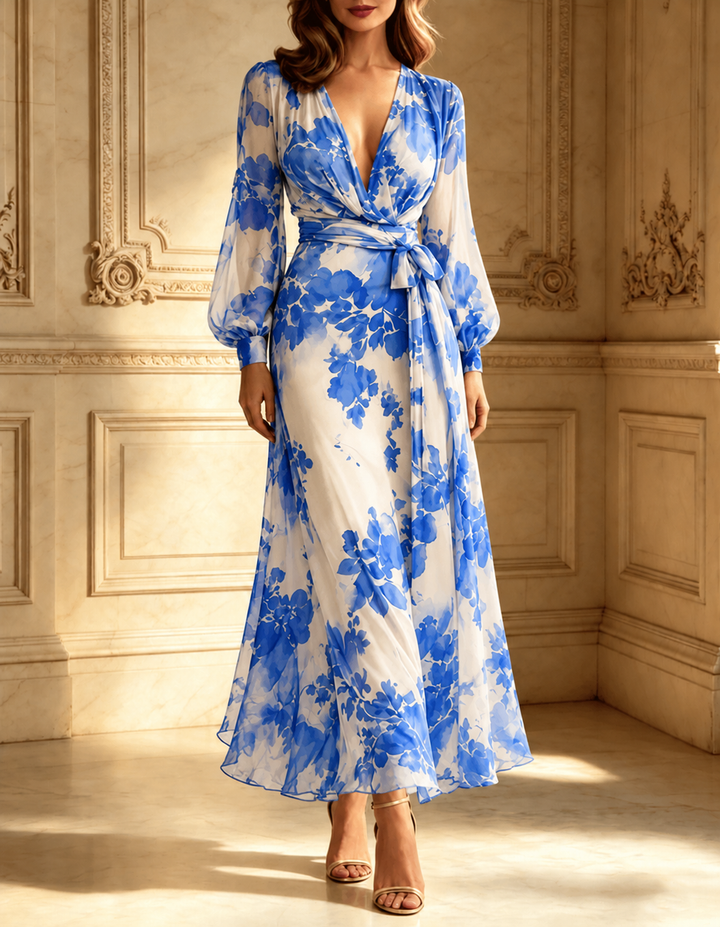 Rosabel blue and white floral chiffon maxi dress with tie belt, front view