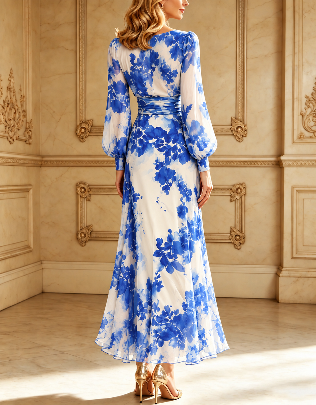 Rosabel blue and white floral chiffon maxi dress, back view