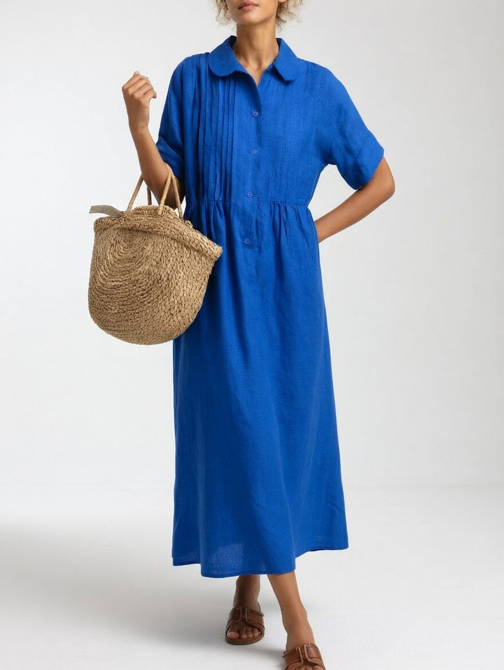 Lysandra relaxed cotton maxi shirt dress in cobalt blue with collar, button front and short cuffed sleeves