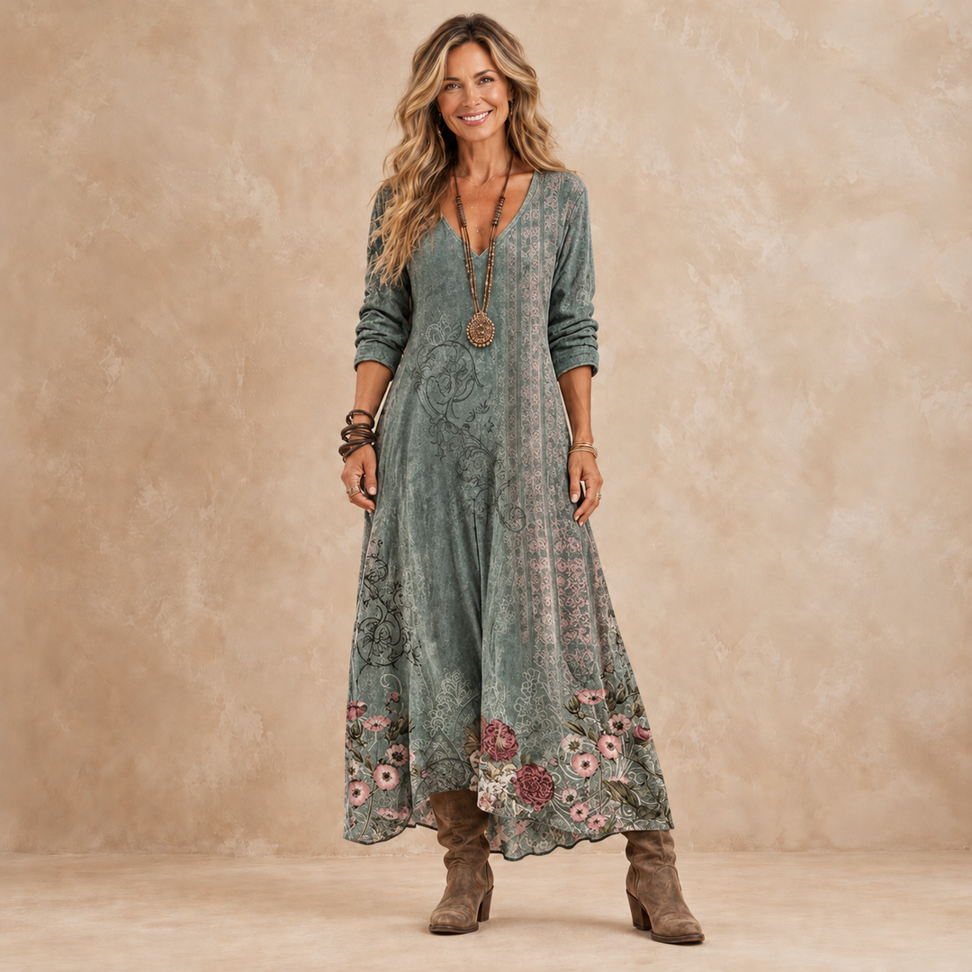 Florence sage green long-sleeve maxi dress with V-neck and dusty-pink rose border hem