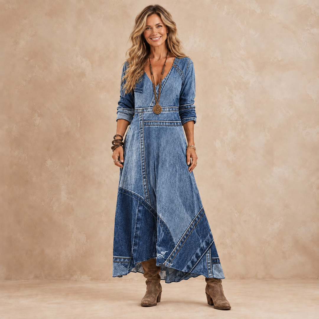 Indigo patchwork denim-look maxi dress with V-neck, long sleeves and panelled skirt