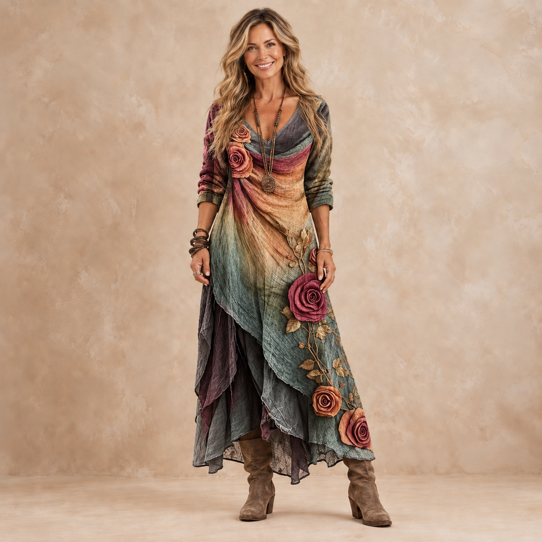 Emberly layered ombré maxi dress with rose print, V-neck and long sleeves