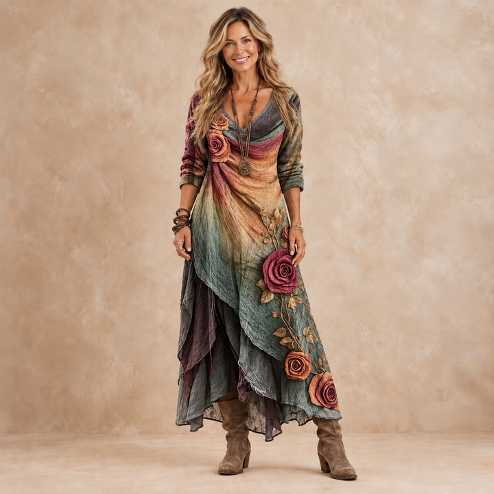 Emberly layered ombré maxi dress with rose print, V-neck and long sleeves