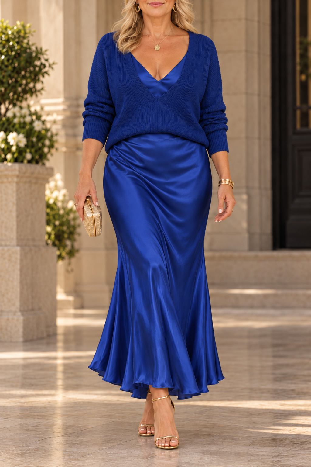 Jessa royal blue V-neck knit sweater and satin maxi dress set, worn on a marble terrace