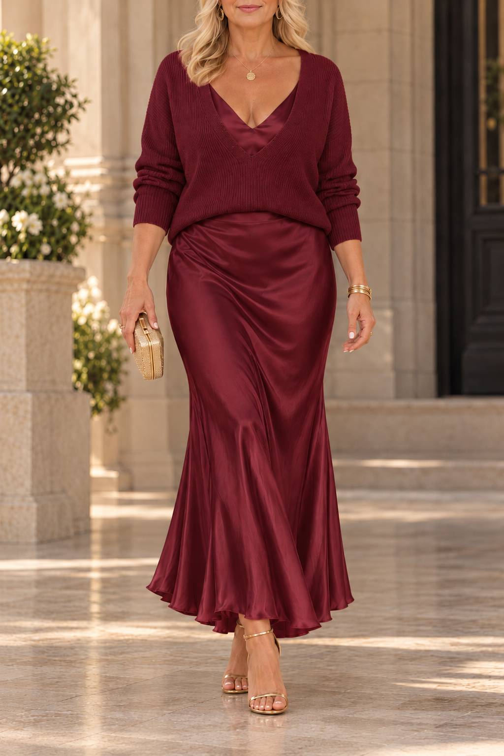 Jessa burgundy V-neck knit sweater and satin maxi dress set, worn on a marble terrace