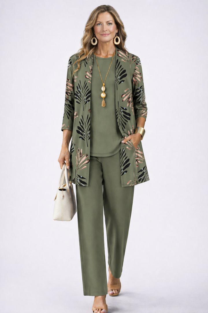 Augusta green three-piece set: sage green open-front cardigan with pink and black leaf print, round-neck top and wide-leg trousers