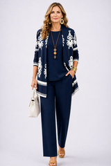 Grace | Navy Ornamental Cardigan & Wide-Leg Pant Three-Piece Set