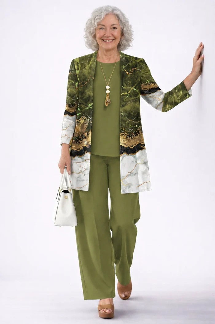 Augusta olive green three-piece set: green marble print open-front cardigan with gold veining, olive round-neck top and wide-leg trousers