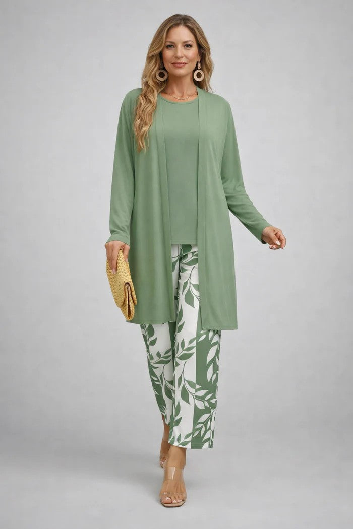 Augusta light green three-piece set: sage open-front cardigan and round-neck top with green and white leaf print wide-leg trousers
