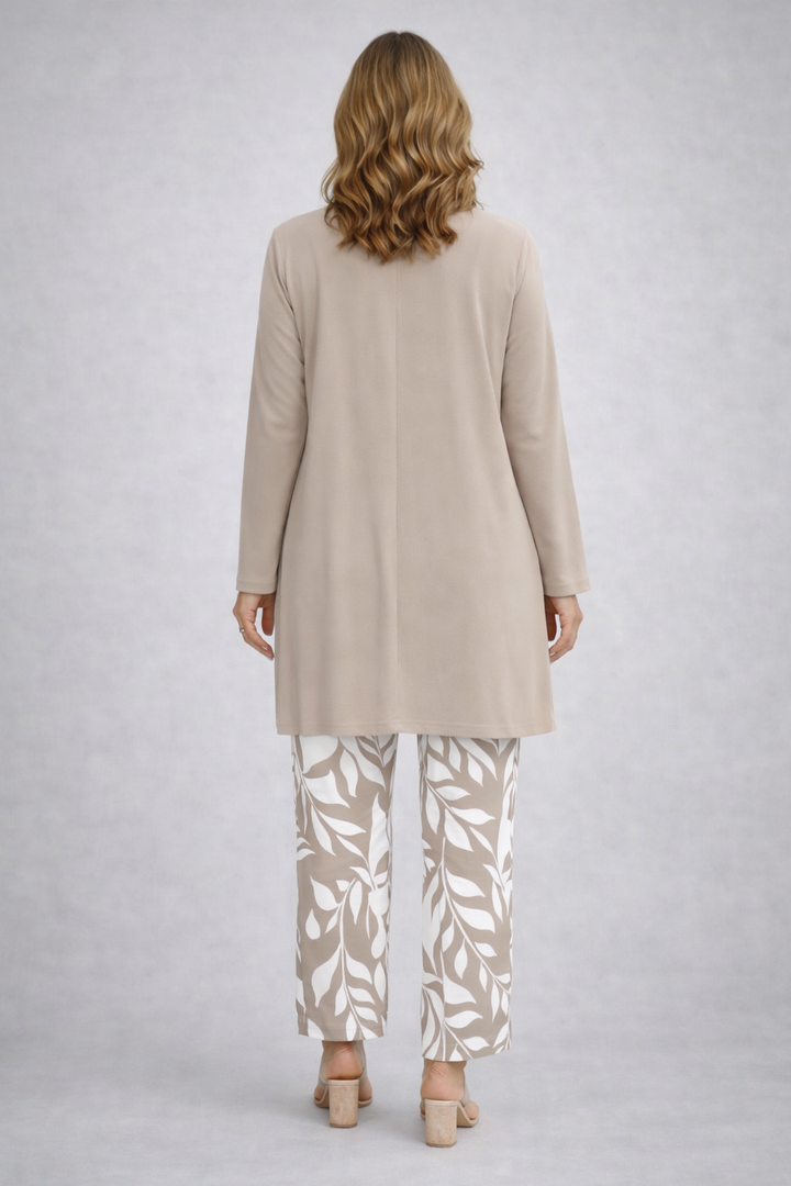 Sylvia taupe longline cardigan with white and taupe leaf-print trousers, back view