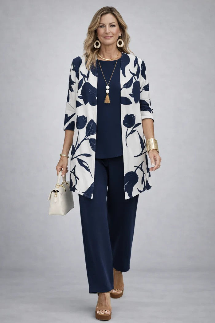 Augusta blue white three-piece set: white open-front cardigan with navy tulip print, navy round-neck top and wide-leg trousers