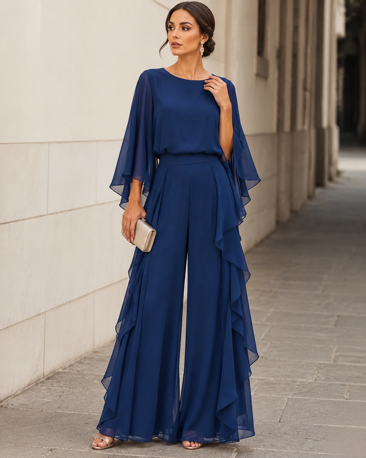 Lenorah cape-sleeve ruffled two-piece set in blue