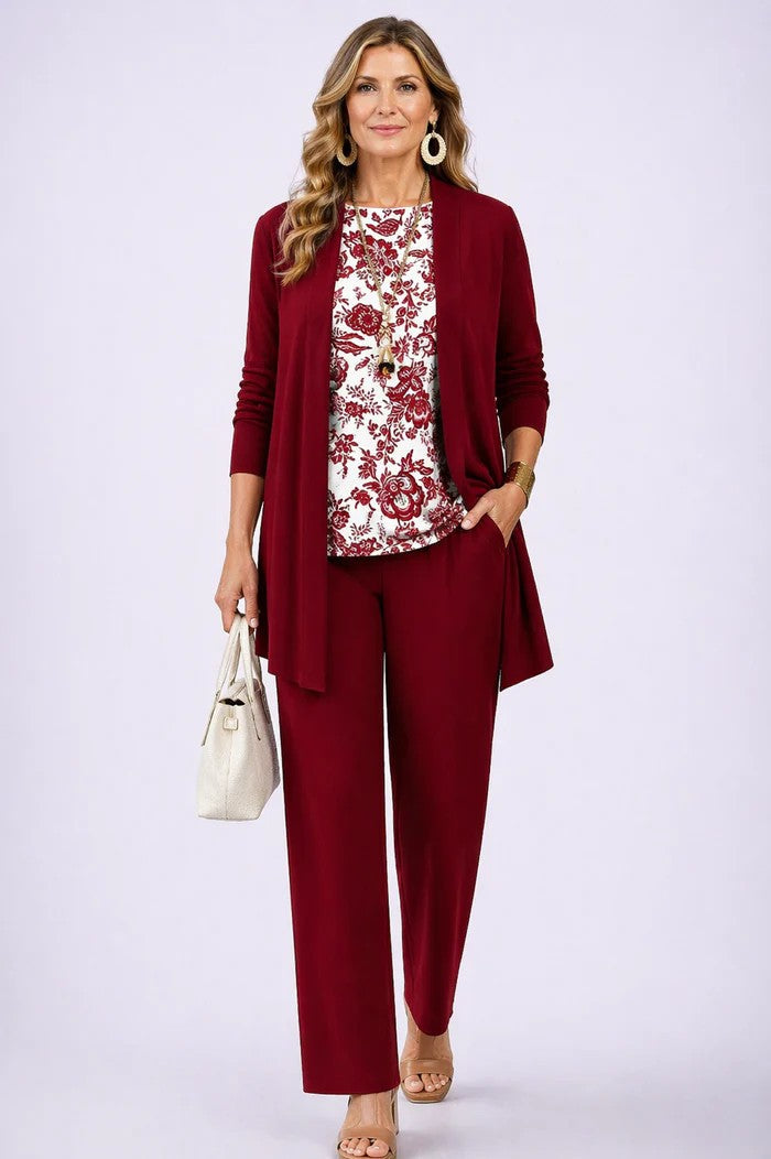 Augusta white red three-piece set: burgundy open-front cardigan and wide-leg trousers with a white and red floral print top